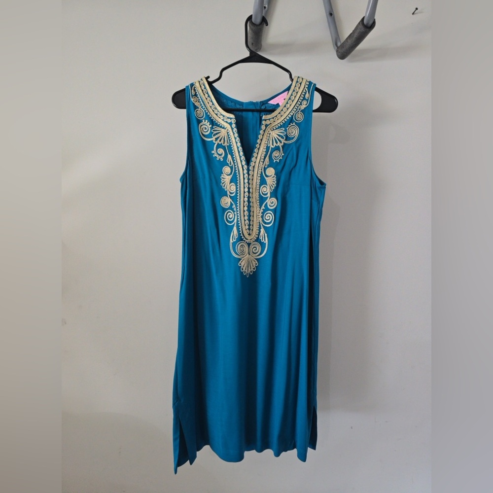 Lilly Pulitzer Teal Dress with Gold Trim size 10 EUC